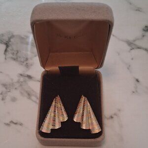 14K Tri Color Gold Vintage Geometric Fan Dangle Earrings Retro 80s 90s Style